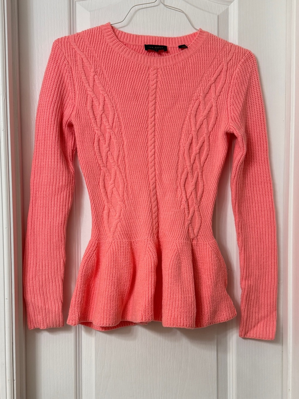 Ted Baker London vibrant coral pink peplum knit sweater long sleeve Size 2